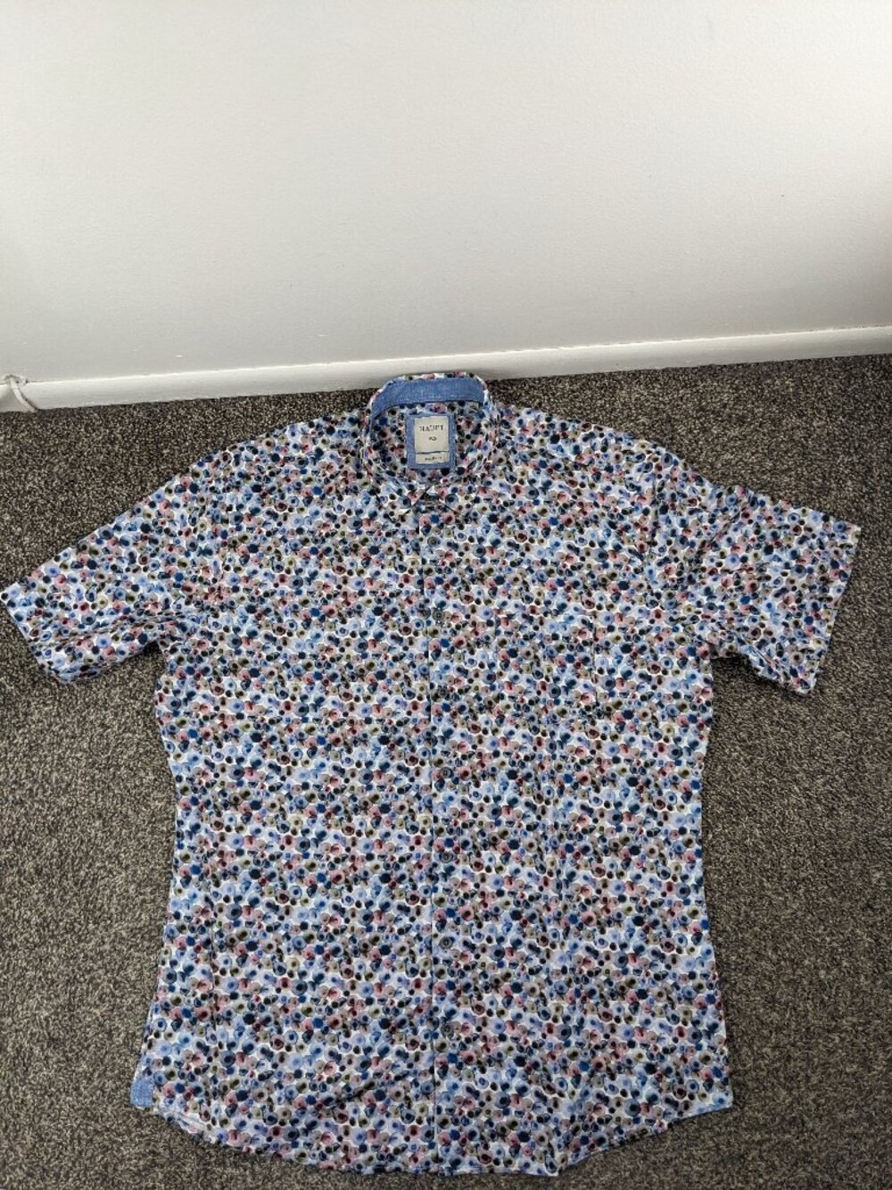 Haupt Shirt Linen Blend Button Up Geometric Short Sleeve Multicolor Mens Large - Picture 2 of 8